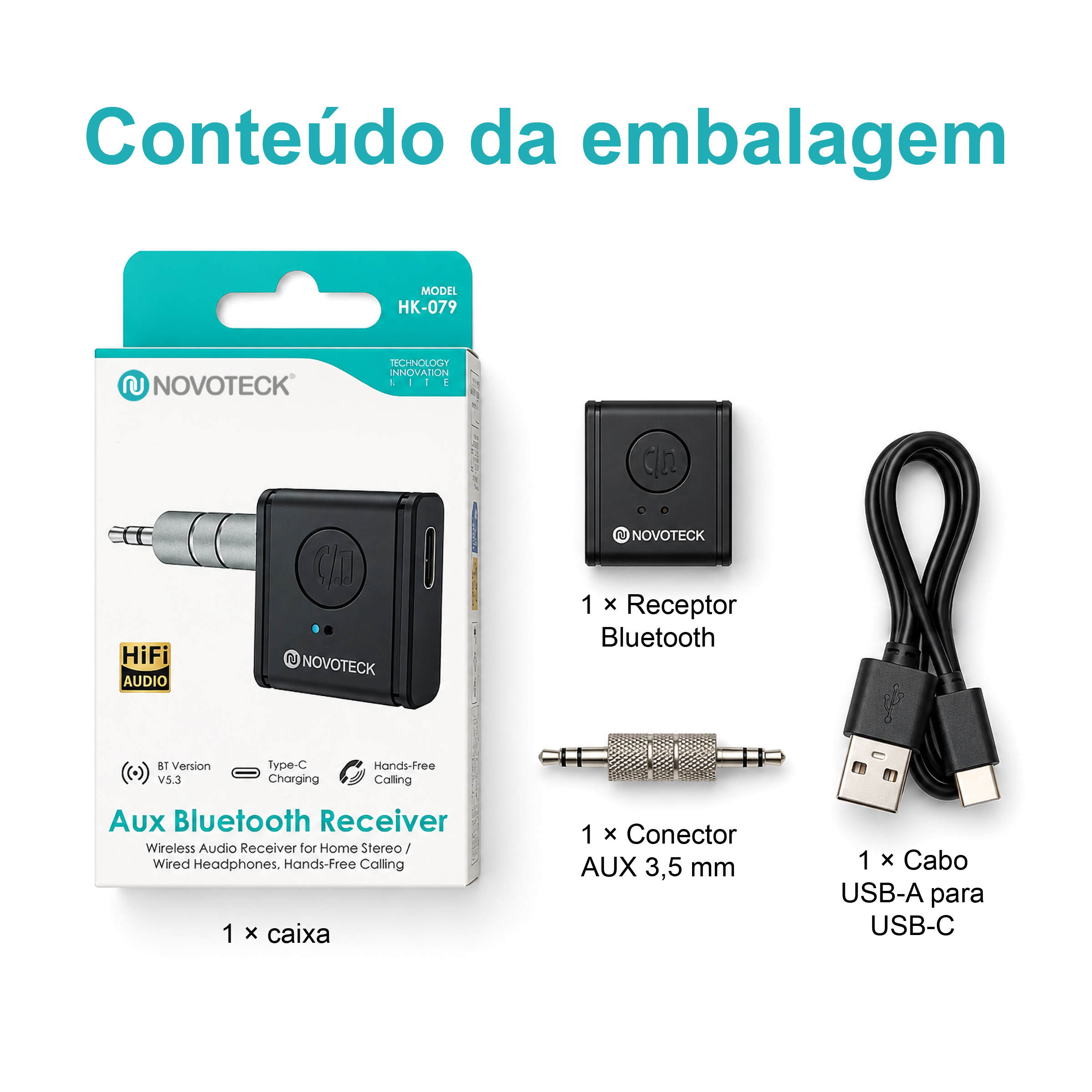 Receptor Bluetooth AUX NOVOTECK HK-079 – Versão BT 5.3 com Entrada Tipo-C e Bateria Recarregável – Chamadas Mãos Livres e Áudio Hi-Fi - Image 10