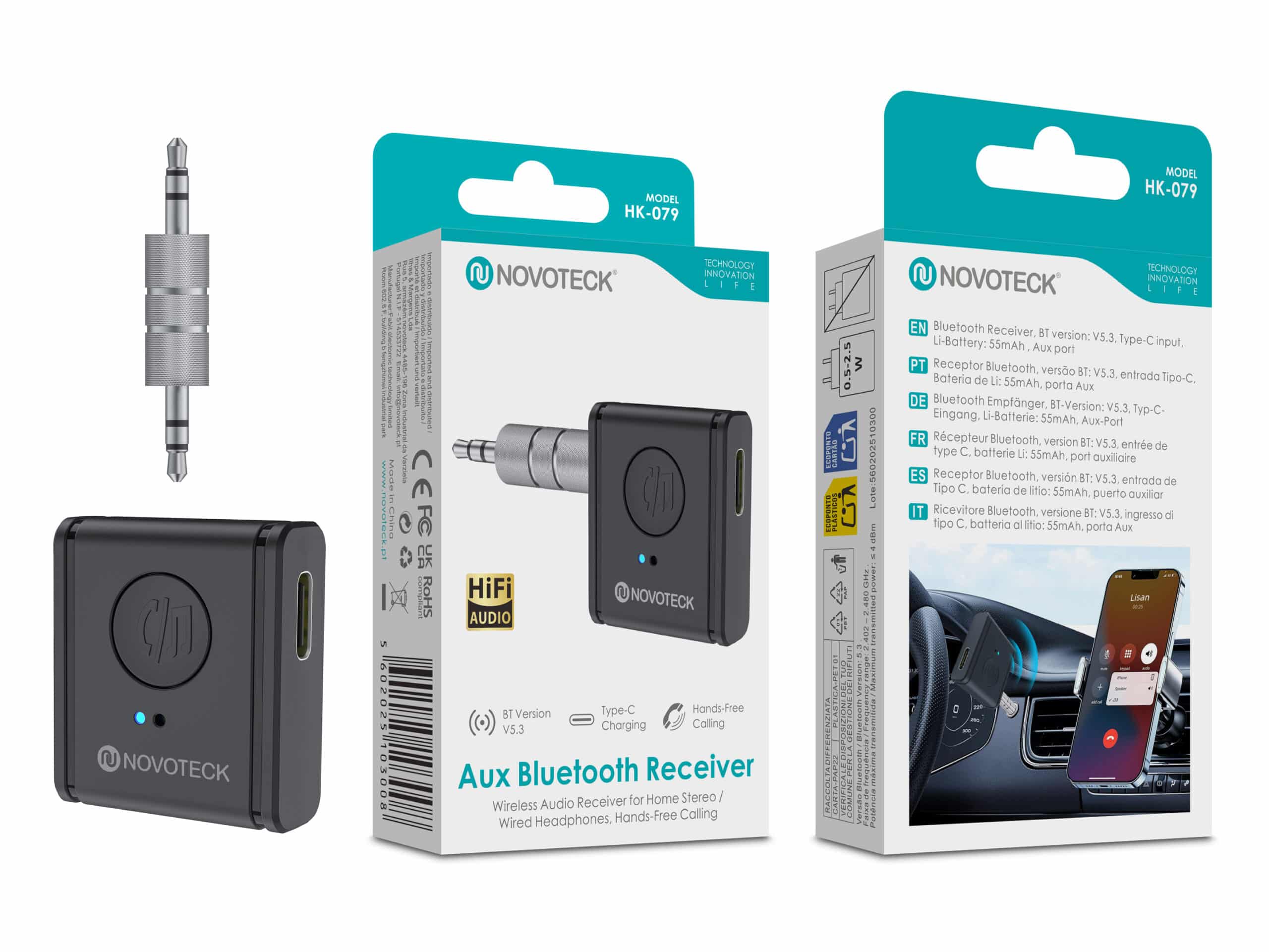 Receptor Bluetooth AUX NOVOTECK HK-079 – Versão BT 5.3 com Entrada Tipo-C e Bateria Recarregável – Chamadas Mãos Livres e Áudio Hi-Fi