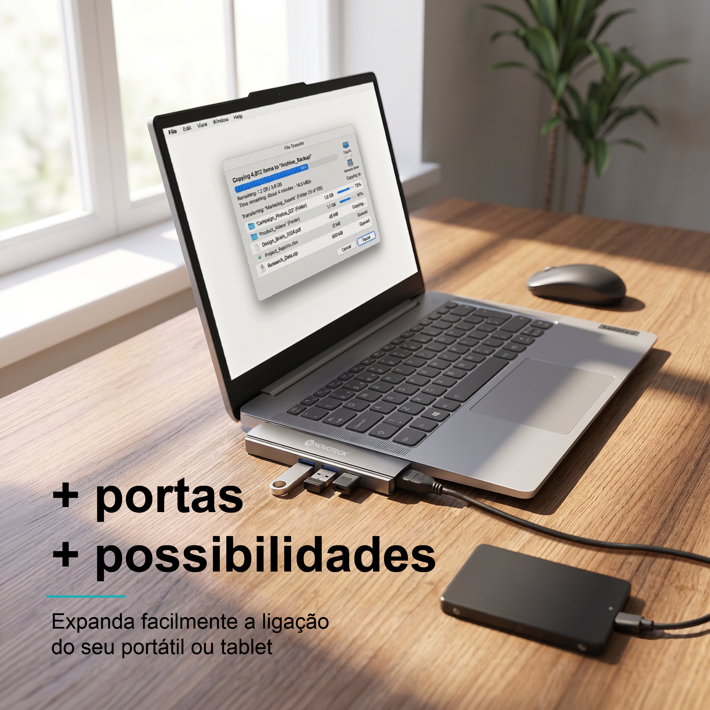 Hub USB-C NOVOTECK HK-085 para Tablet e Portátil, 4 Portas USB, 1 X USB 3.0 + 3 X USB 2.0, OTG Plug & Play - Image 2