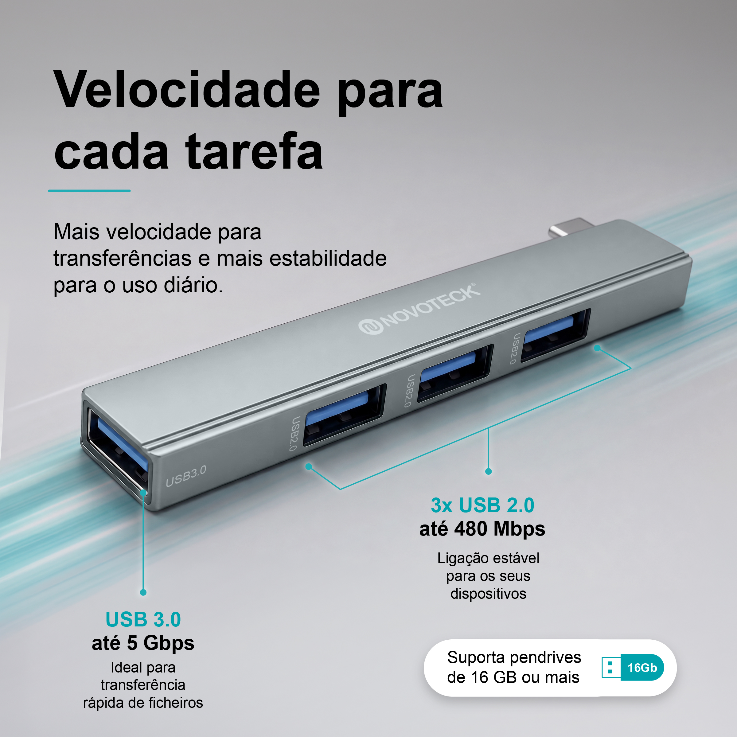 Hub USB-C NOVOTECK HK-085 para Tablet e Portátil, 4 Portas USB, 1 X USB 3.0 + 3 X USB 2.0, OTG Plug & Play - Image 4
