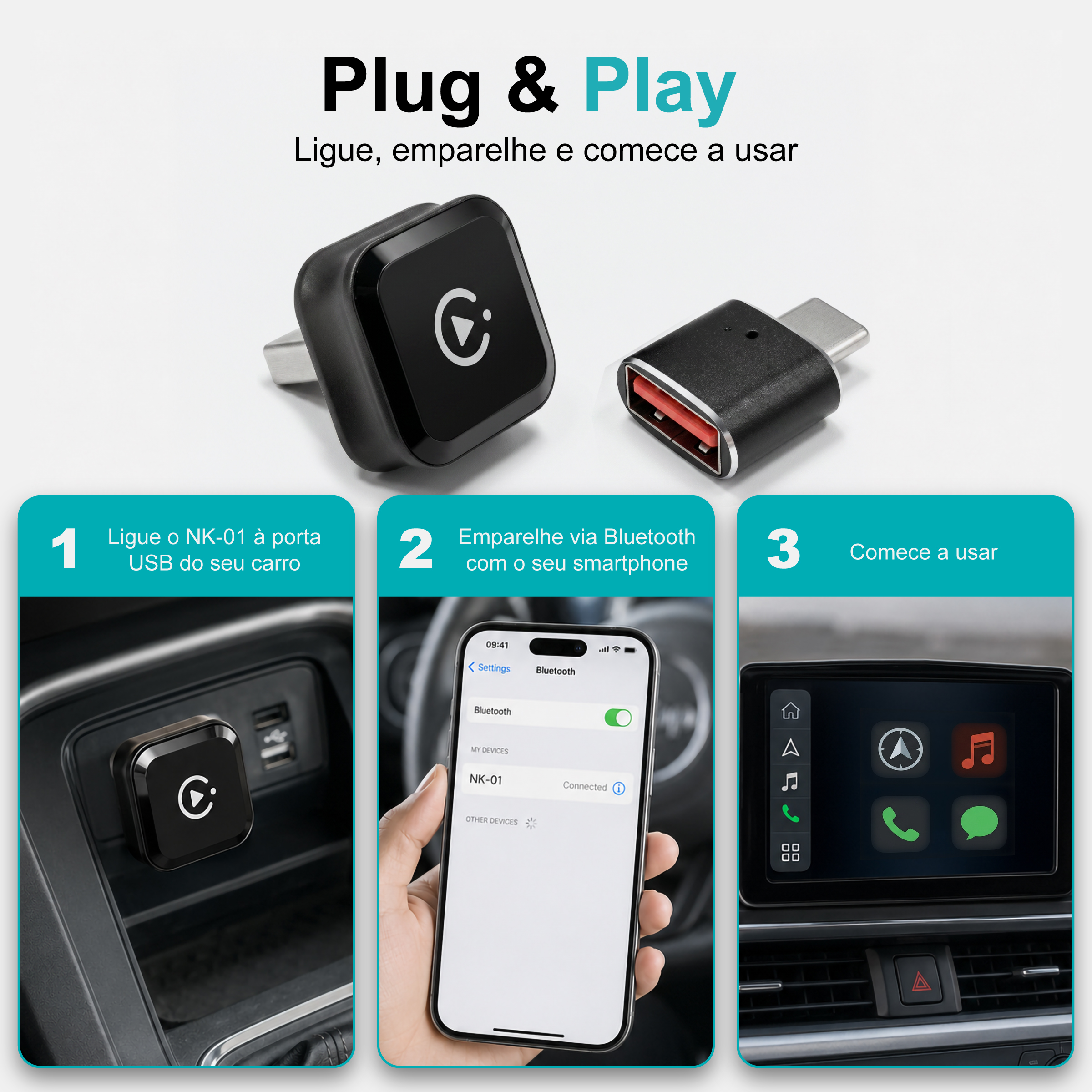 Adaptador Sem Fios NOVOTECK NK-01 para CarPlay e Android Auto, USB-A + USB-C, Plug & Play para Carros Compatíveis - Image 4