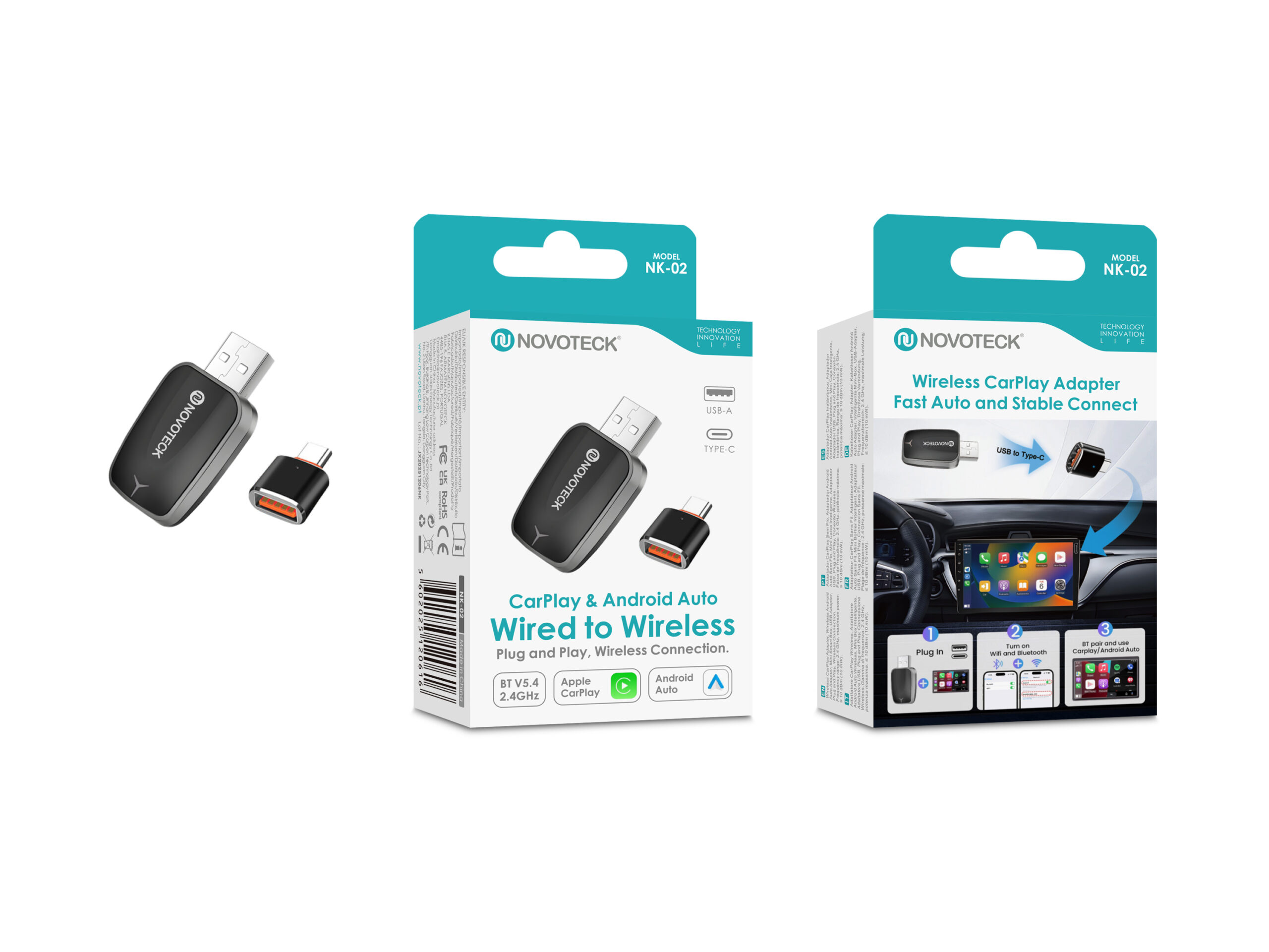 Adaptador Sem Fios NOVOTECK NK-02 para CarPlay e Android Auto, USB-A + Adaptador USB-C, Plug & Play para Carros Compatíveis