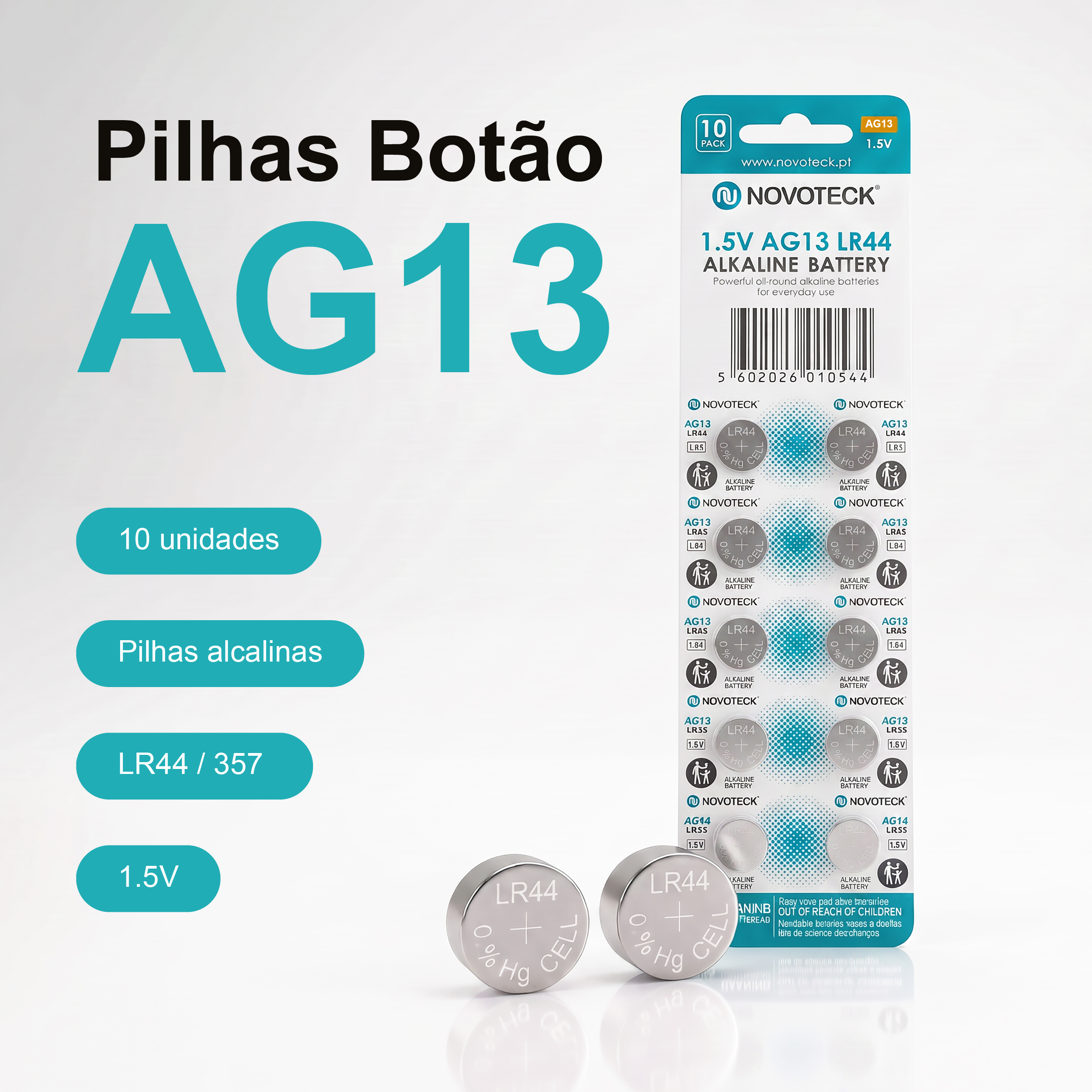 Pack 10 Pilhas Botão NOVOTECK AG13 / LR44 / 357, 1.5V Alcalinas, para Relógios, Brinquedos e Pequenos Dispositivos - Image 2