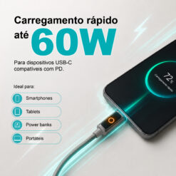 Cabo USB-C para USB-C NOVOTECK S-143, 60W, 1M, com Luz Indicadora, Carregamento Rápido e Transferência de Dados - Image 3
