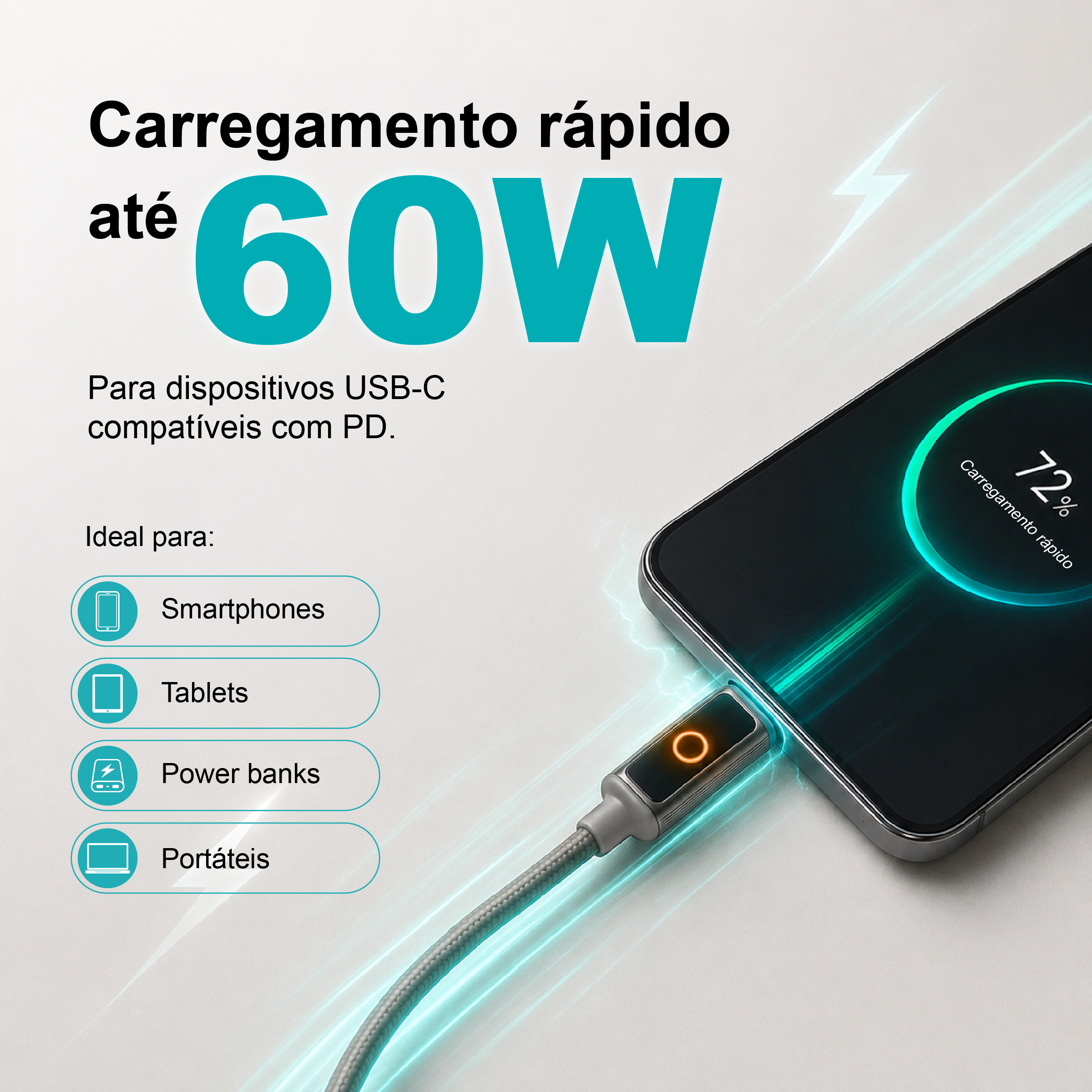 Cabo USB-C para USB-C NOVOTECK S-143, 60W, 1M, com Luz Indicadora, Carregamento Rápido e Transferência de Dados - Image 3