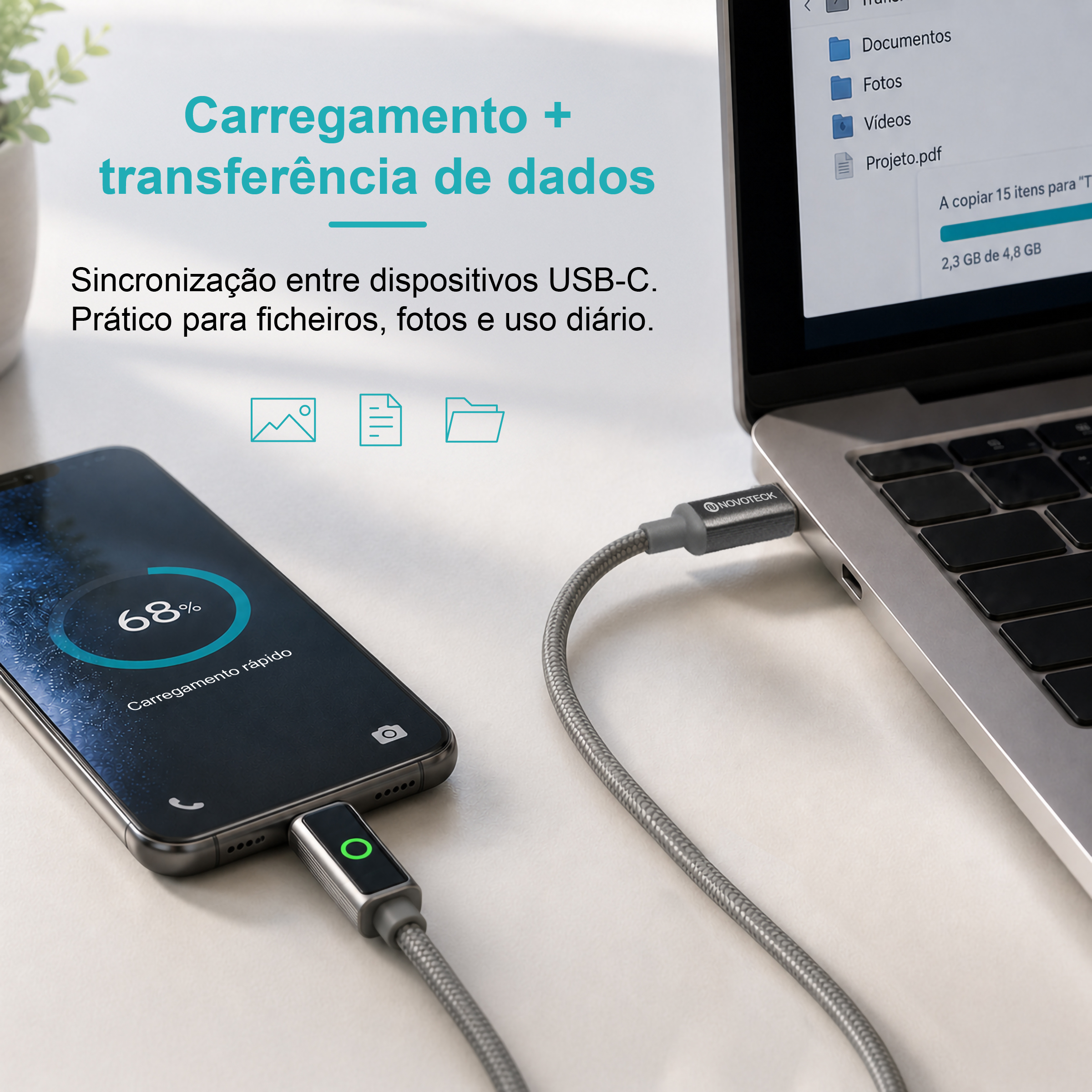 Cabo USB-C para USB-C NOVOTECK S-143, 60W, 1M, com Luz Indicadora, Carregamento Rápido e Transferência de Dados - Image 6