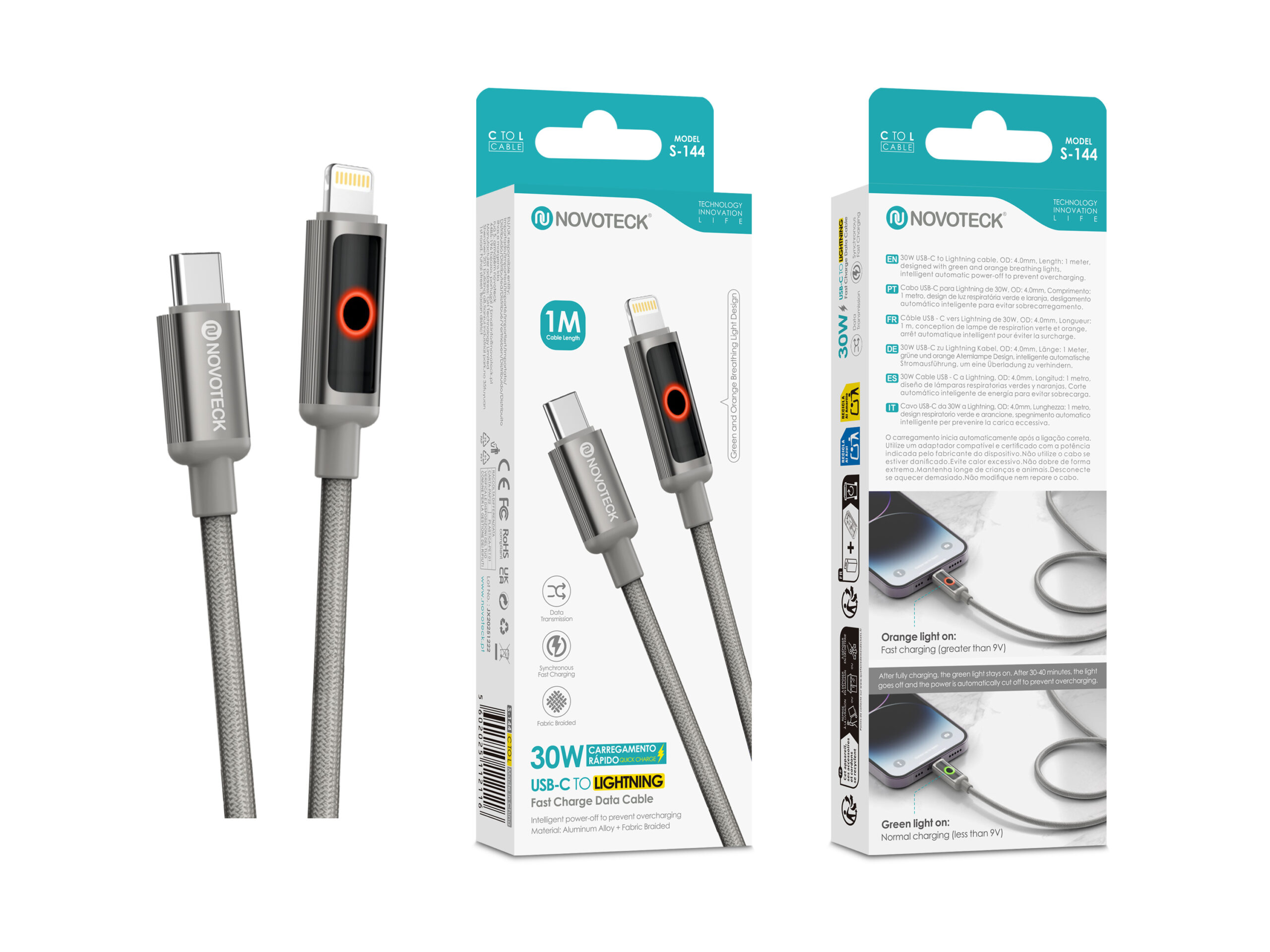 Cabo USB-C para Lightning NOVOTECK S-144, 30W, 1M, com Luz Indicadora, Carregamento Rápido e Transferência de Dados