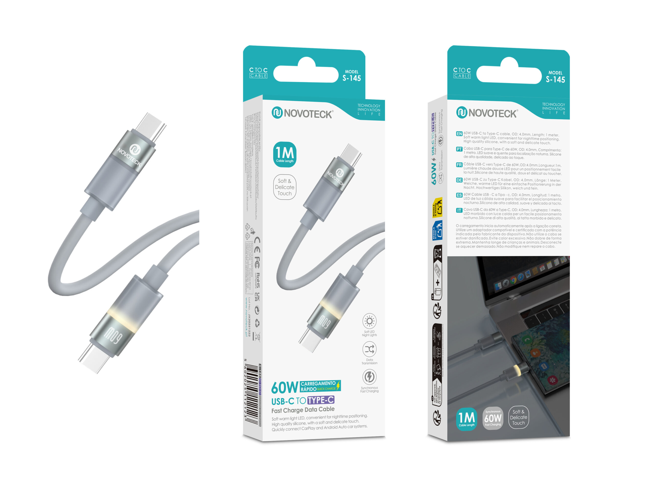Cabo USB-C para USB-C NOVOTECK S-145, 60W, 1M, com Luz LED Suave, Carregamento Rápido e Transferência de Dados