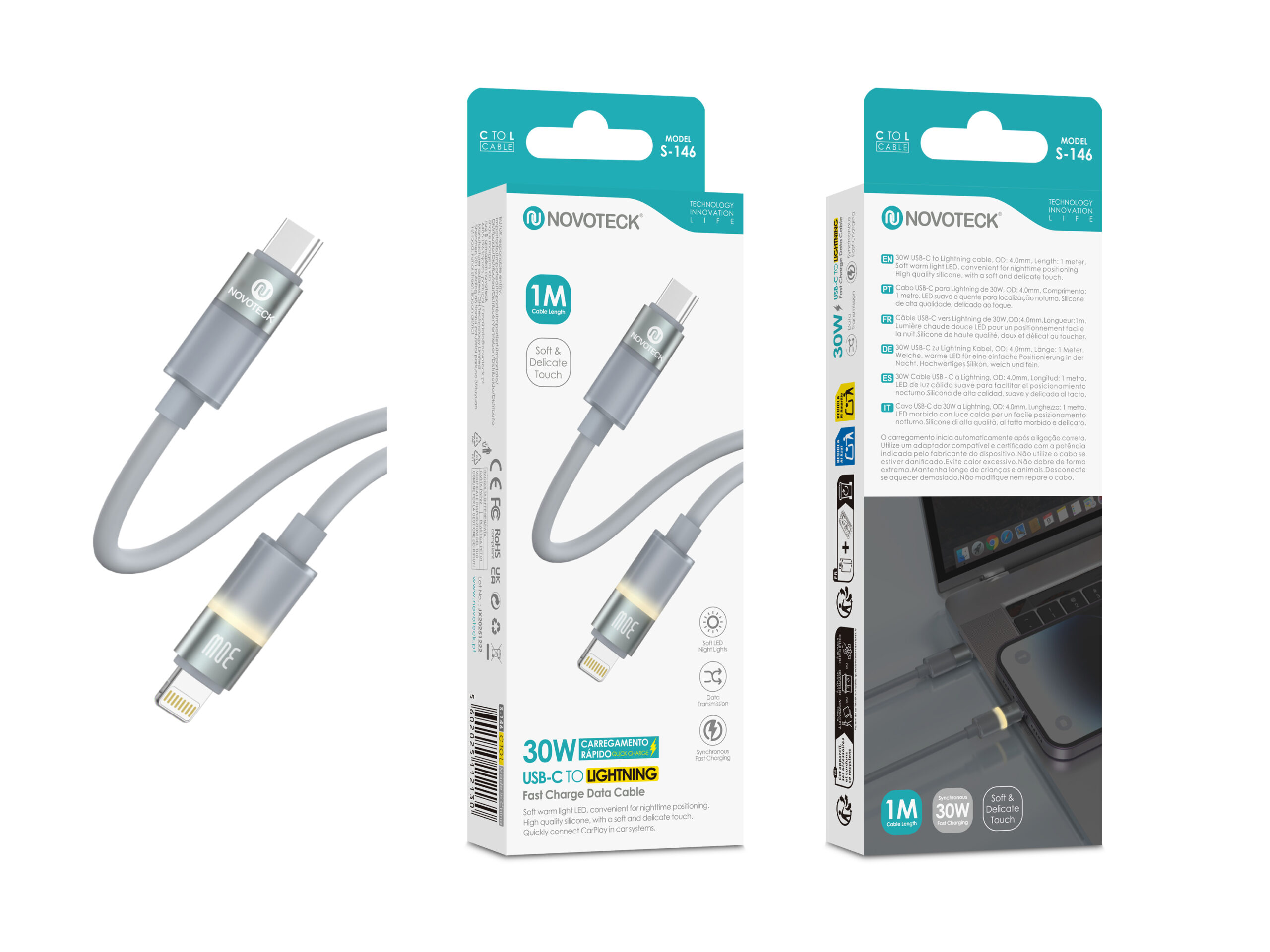 Cabo USB-C para Lightning NOVOTECK S-146, 30W, 1M, com Luz LED Suave, Carregamento Rápido e Transferência de Dados
