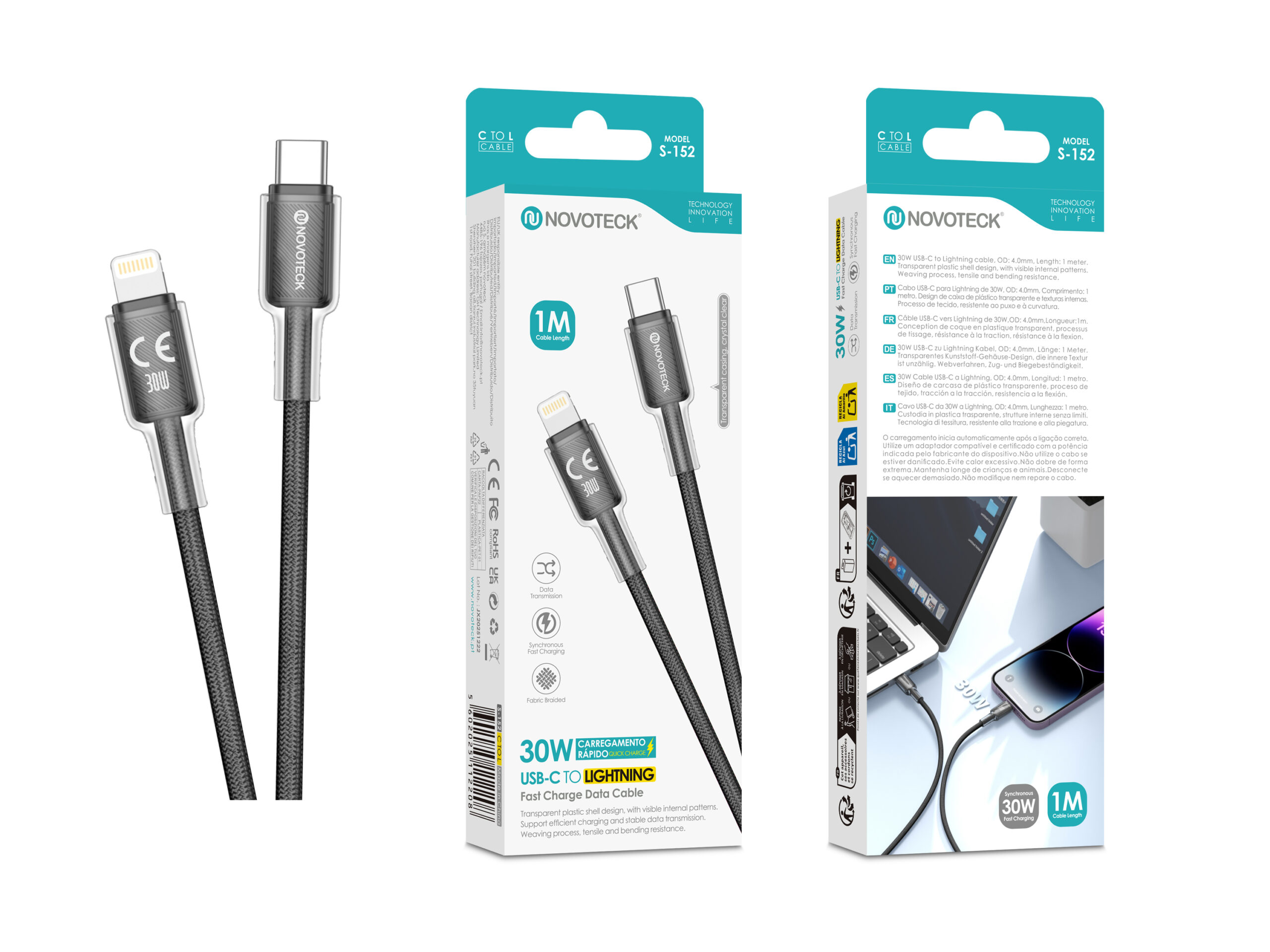 Cabo USB-C para Lightning NOVOTECK S-152 Branco, 30W, 1M, Design Transparente, Carregamento Rápido e Transferência de Dados