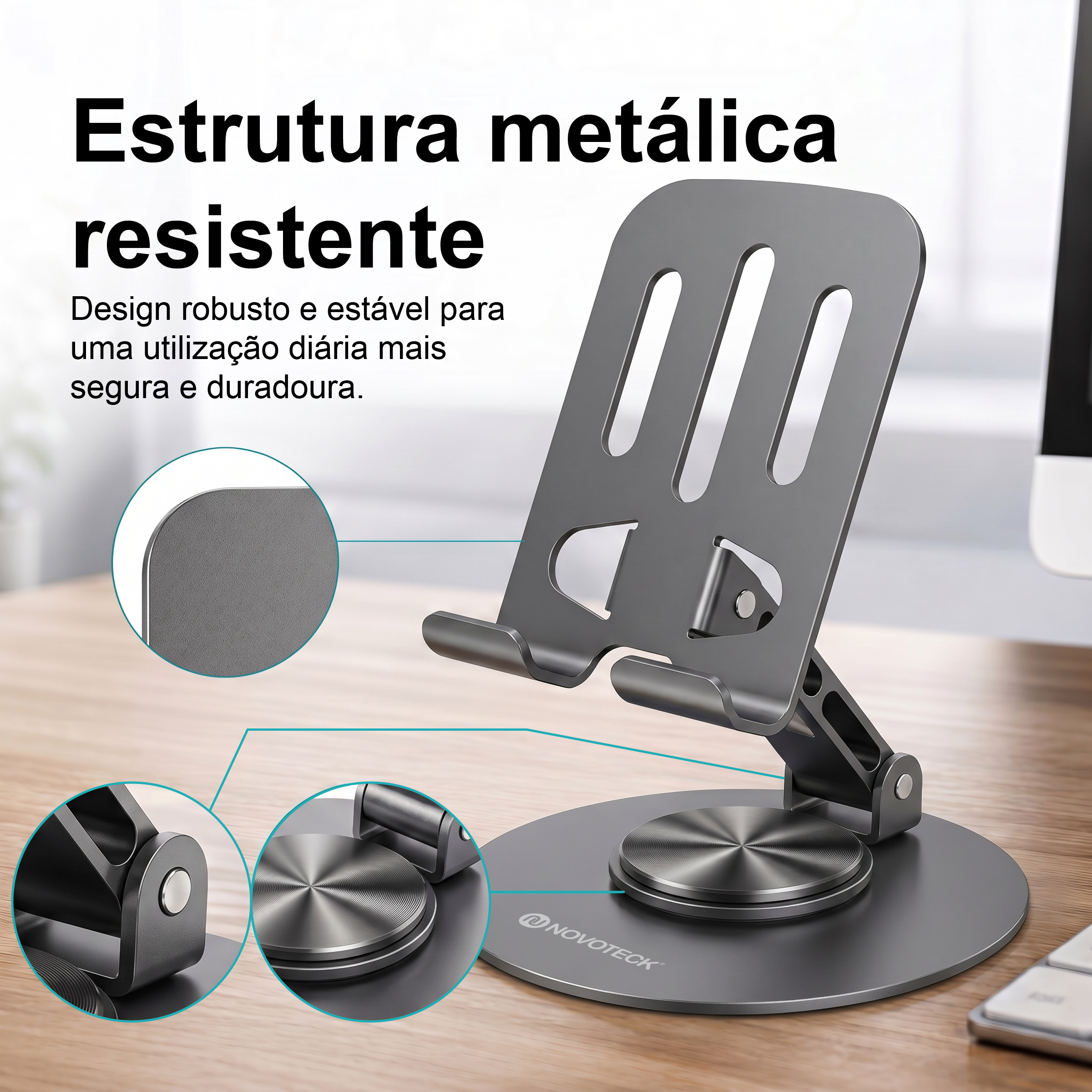 Suporte de Telemóvel Rotativo Dobrável NOVOTECK Z-093 – Ajustável 360º em Metal para Smartphone e Tablet - Image 4