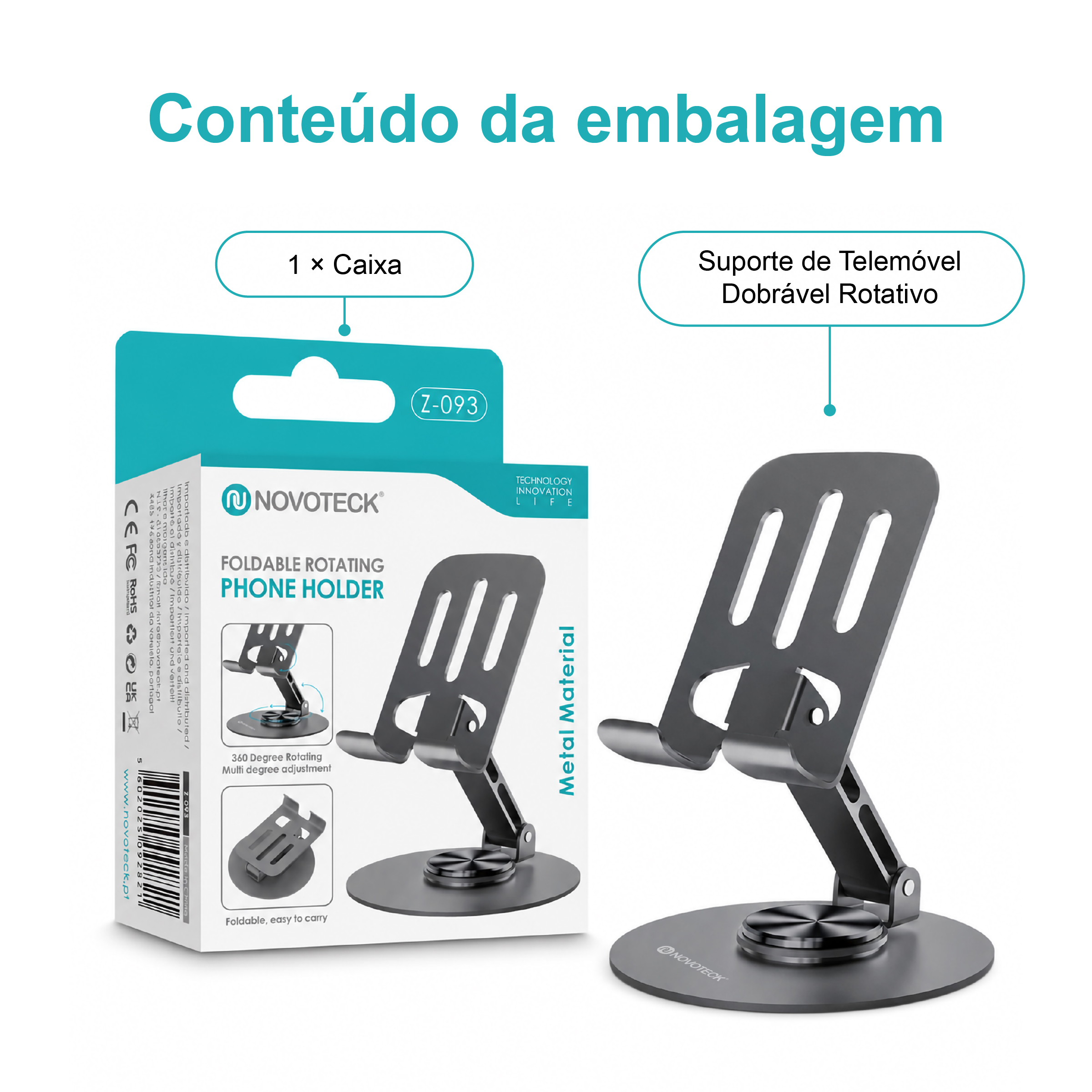 Suporte de Telemóvel Rotativo Dobrável NOVOTECK Z-093 – Ajustável 360º em Metal para Smartphone e Tablet - Image 10