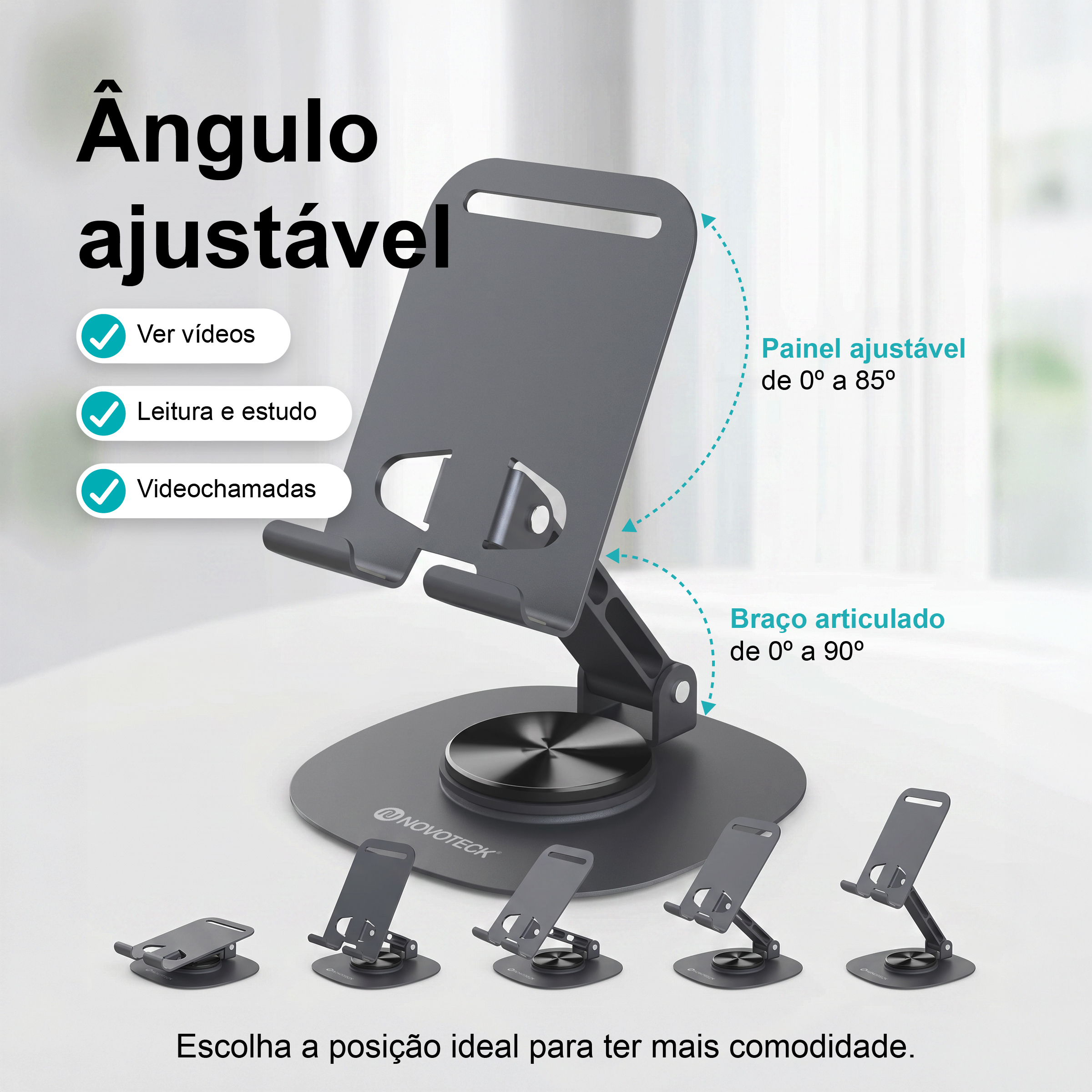 Suporte de Telemóvel Dobrável Rotativo NOVOTECK Z-094 – Base Metálica com Ajuste 360º para Smartphone e Tablet - Image 3
