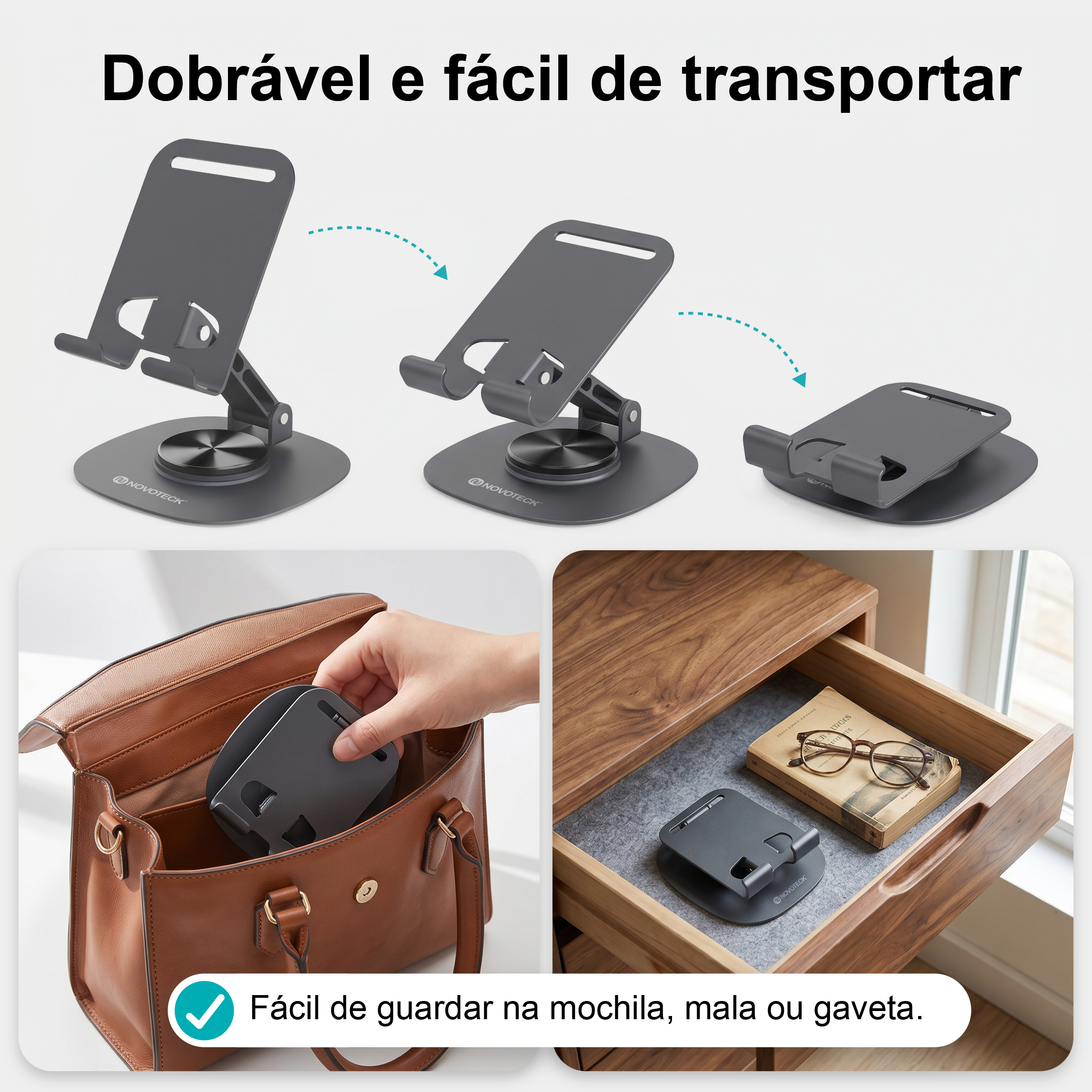 Suporte de Telemóvel Dobrável Rotativo NOVOTECK Z-094 – Base Metálica com Ajuste 360º para Smartphone e Tablet - Image 6