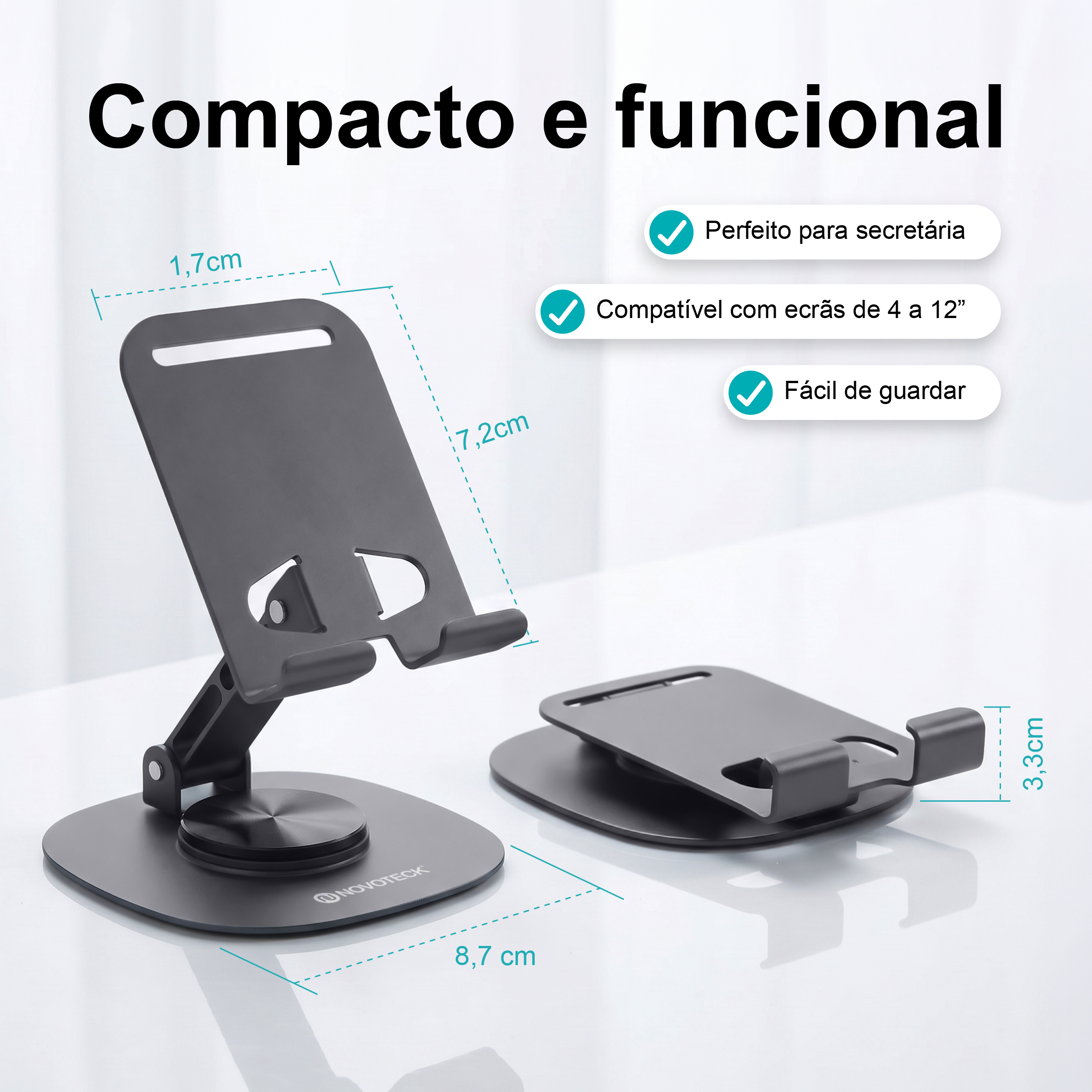 Suporte de Telemóvel Dobrável Rotativo NOVOTECK Z-094 – Base Metálica com Ajuste 360º para Smartphone e Tablet - Image 8