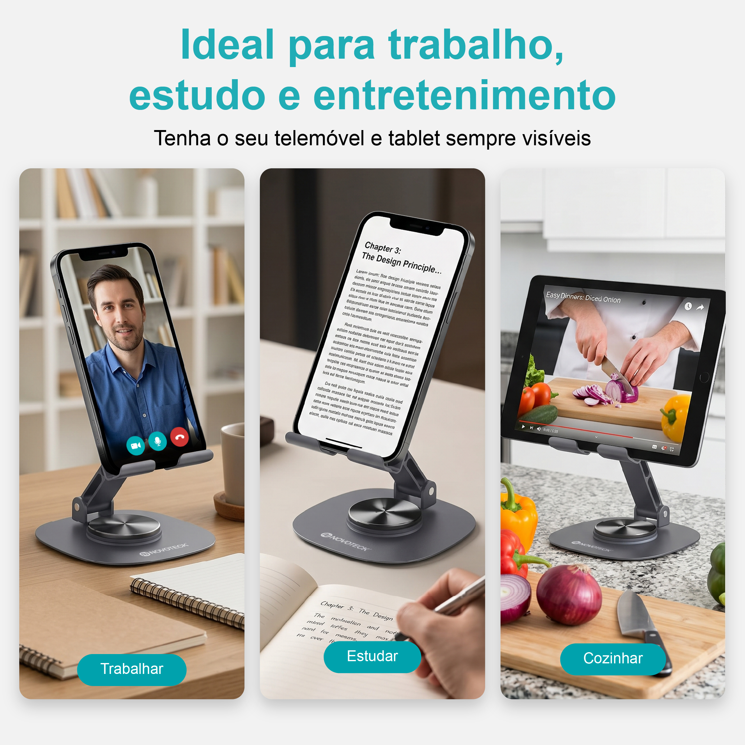 Suporte de Telemóvel Dobrável Rotativo NOVOTECK Z-094 – Base Metálica com Ajuste 360º para Smartphone e Tablet - Image 9