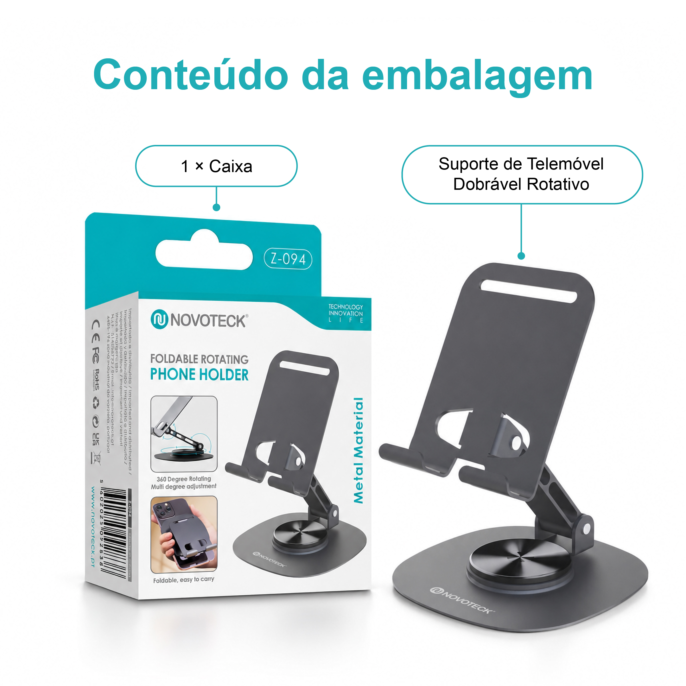 Suporte de Telemóvel Dobrável Rotativo NOVOTECK Z-094 – Base Metálica com Ajuste 360º para Smartphone e Tablet - Image 10