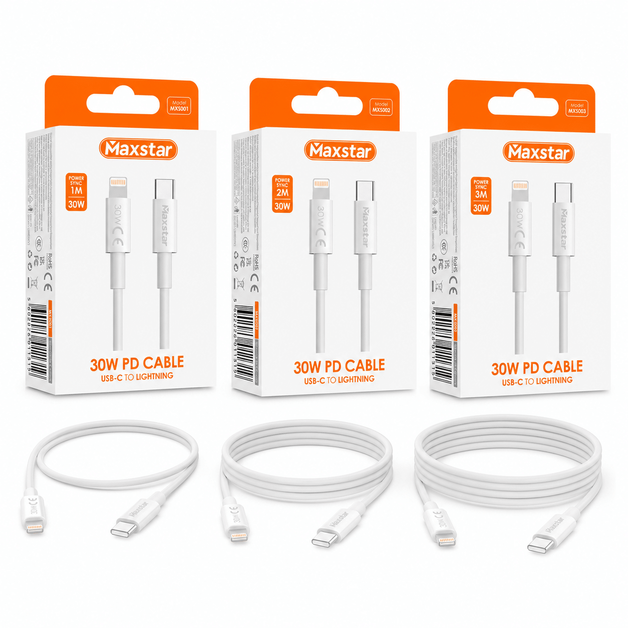 Maxstar Cabo USB-C para Lightning 30W Branco, Carregamento Rápido PD e Sincronização de Dados