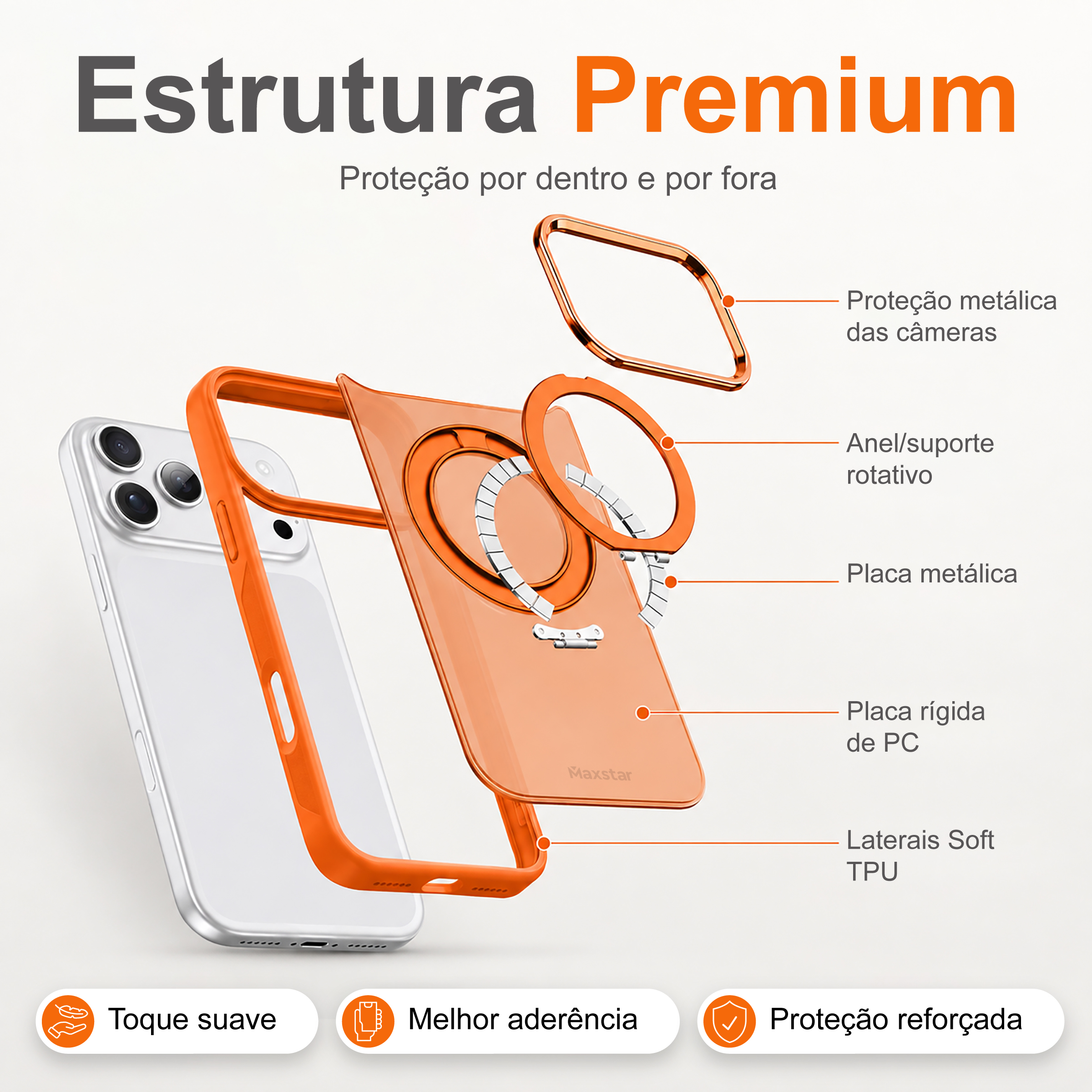 Maxstar MX801 Capa Magnética Antichoque Compatível com MagSafe para Apple iPhone 16 Plus , com Anel Rotativo 360° e Proteção Metálica Elevada da Câmara - Image 3